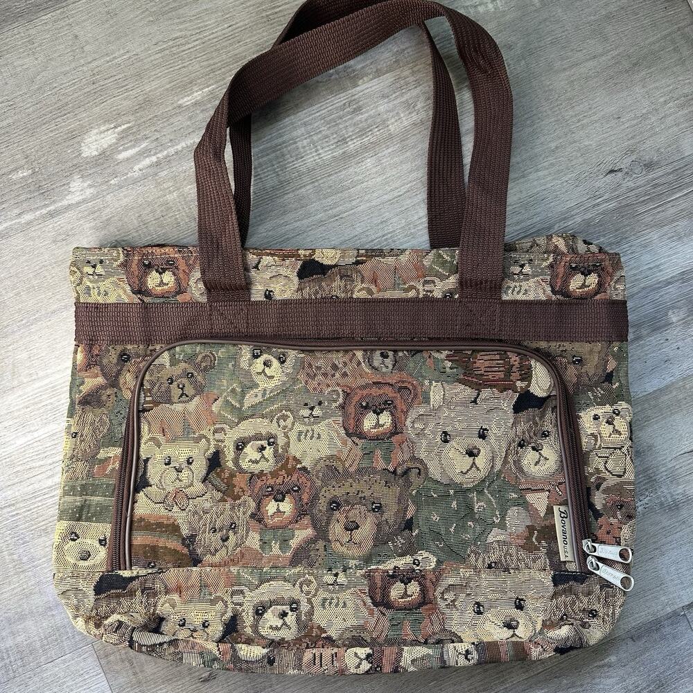 Bovano Vintage Bear Tapestry Print Shoulder Tote Bag Brown Large Zip Closure